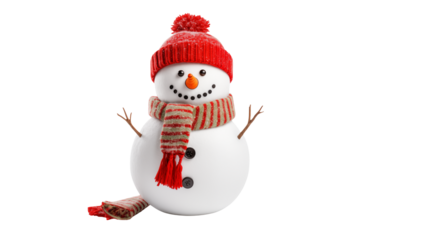 Adorable snowman with red hat and scarf on transparent background offers cheerful holiday spirit.