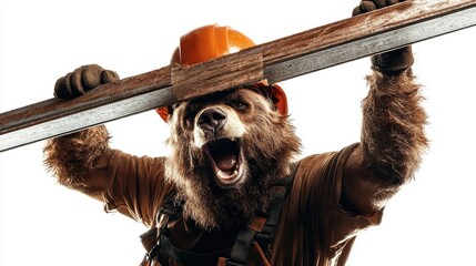 An imaginative and humorous portrayal of a bear wearing a hard hat and holding a construction beam, depicting a playful concept of wildlife in a work environment with a fierce expression.