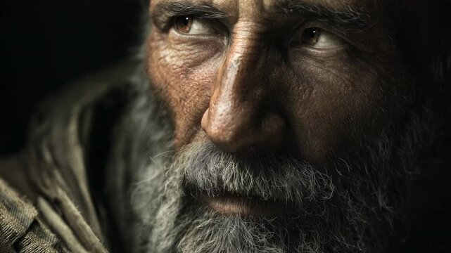 Photorealistic portrait of a rugged, weathered man, embodying wisdom and resilience. The intense gaze evokes a sense of deep history and struggle, reminiscent of biblical figures.