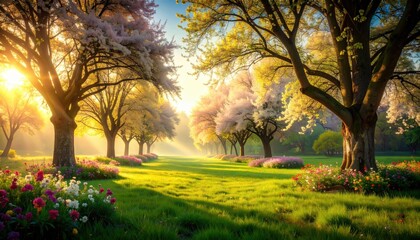 Fototapeta premium Golden sunrise illuminating blooming cherry blossom trees in lush green park nature photography tranquil landscape serene environment