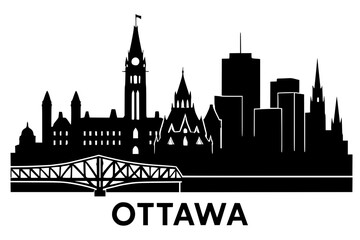 Obraz premium Ottawa skyline silhouette with bridge and buildings in black 