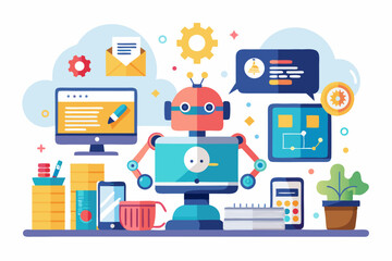 Vector illustration of a human developer working on a laptop with the assistance of a friendly AI robot. 