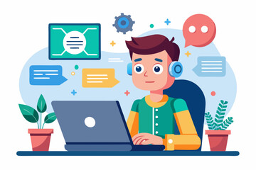 Vector illustration of a human developer working on a laptop with the assistance of a friendly AI robot. 