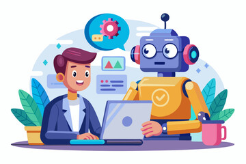 Vector illustration of a human developer working on a laptop with the assistance of a friendly AI robot. 