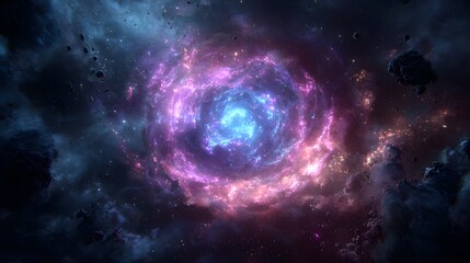 Obraz premium A glowing interstellar portal floating in deep space, surrounded by nebula and cosmic dust, rendered in photorealistic detail.