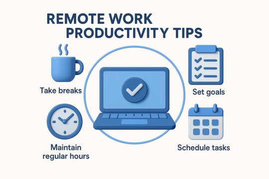 Remote work tips infographic with laptop, clock, calendar, coffee cup, checklist in 3D blue cartoon icons for productivity guidance