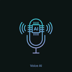 Teal and Purple Gradient Line Art Illustration of a Microphone with an A I Microchip Inside Sound Waves