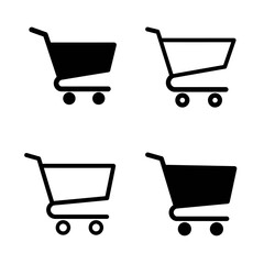 Four Simple Shopping Cart Icons: Black and White Minimalist Design for Website or App Interface.