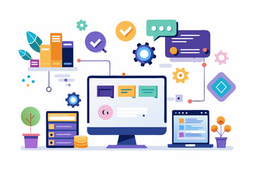 Vector illustration of a human developer working on a laptop with the assistance of a friendly AI robot. 