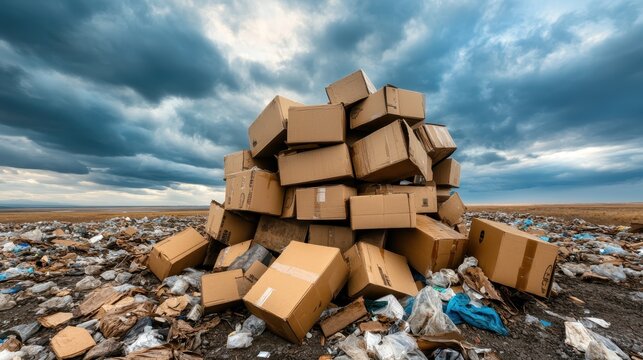 A stark image highlighting a stack of cardboard boxes in a polluted landscape, raising awareness about waste and environmental issues affecting our planet’s ecosystem.