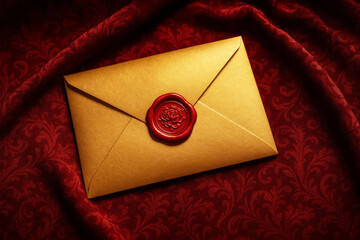 Golden envelope sealed with red wax stamp lying on red velvet fabric with floral pattern, top view