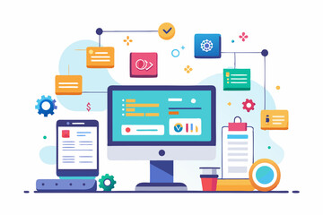 Vector illustration of a human developer working on a laptop with the assistance of a friendly AI robot. 