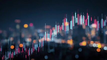 Night Cityscape with Financial Graph Overlay Illustrating Market Trends - Powered by Adobe