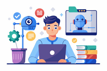 Vector illustration of a human developer working on a laptop with the assistance of a friendly AI robot. 