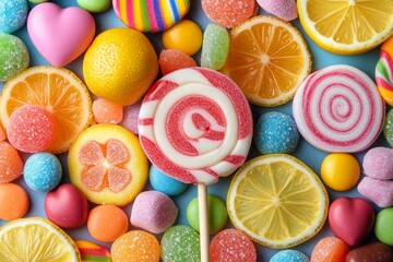 vibrant mix of rainbow-colored candies including lemons, hearts, stripes, circles, stars, flowers, wafers, sprinkles, marshmallows, light sticks, light bars, swirls, gummy bears, and lollipop