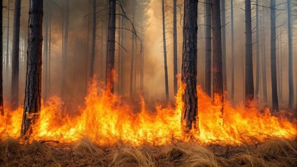 A wildfire engulfs a forest, with flames rapidly spreading among the trees, creating an intense and dramatic atmosphere.