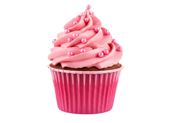 Isolated Pink Frosted Cupcake with Pearl Sprinkles in a Pink Wrapper