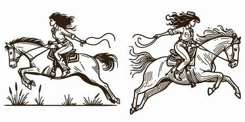 Fototapeta premium African American Cowgirl Jumping off horse. Western Cartoon Clipart Cowboy Silhouette Line Art Vector Illustration. Black female equestrian leaping down horsewoman dismount action.