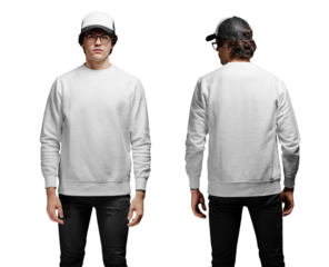 Man wearing blank white sweatshirt and empty baseball cap standing over transparent background. Front and Back view