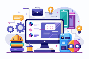 Vector illustration of a human developer working on a laptop with the assistance of a friendly AI robot. 