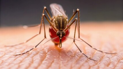 A close-up view of a mosquito feeding on skin, highlighting its intricate features and the blood-filled abdomen.