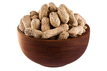 peanuts on wooden teak bowl isolated on transparent background. png image
