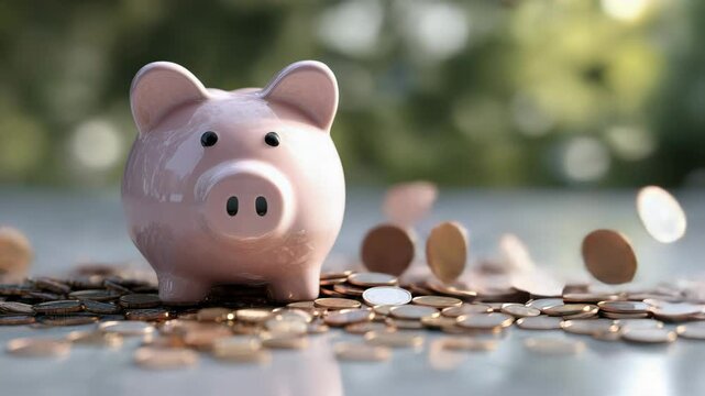 Pink Piggy Bank with Falling Coins and Scattered Money on Reflective Surface