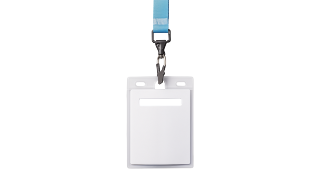 White identity badge hangs from a light blue lanyard on a transparent background.