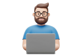 Isolated Cartoon Man Working on Laptop with Happy Expression