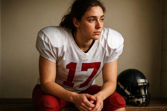 Female American football player in uniform sitting on bench with helmet on floor, looking away thoughtfully