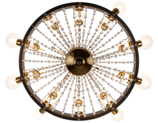 Top View of Round Crystal Chandelier with Lit Bulbs isolated on transparent background PNG