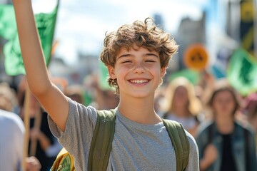 Happy teenage boy leading a march against global warming, passionately advocating for environmental protection and a sustainable future, Generative AI