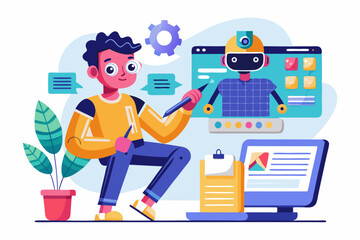 Vector illustration of a human developer working on a laptop with the assistance of a friendly AI robot. 