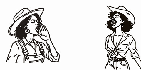 Obraz premium African American Cowgirl Shouting Yeehaw. Western Cartoon Clipart Cowboy Silhouette Line Art Vector Illustration. Black woman rider yelling a spirited cry express joy.