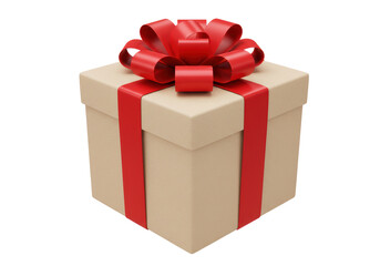 Isolated Beige Gift Box Adorned with a Festive Red Ribbon