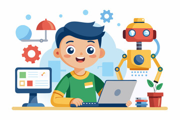 Vector illustration of a human developer working on a laptop with the assistance of a friendly AI robot. 