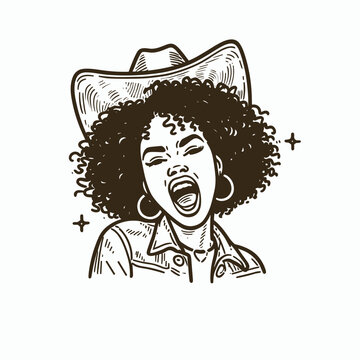 African American Cowgirl Shouting Yeeha. Western Cartoon Clipart Cowboy Silhouette Line Art Vector Illustration. Black female rancher hollering yeehaw lifestyle depiction country joy.