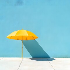 Yellow beach umbrella casting shadow on blue wall,  minimal summer concept. Minimalist image of a bright yellow beach umbrella casting a dramatic shadow on a vibrant blue wall under direct sunlight.