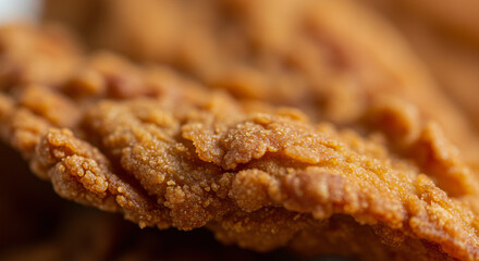 Extreme close-up of crunchy fried chicken skin. Golden brown texture.

