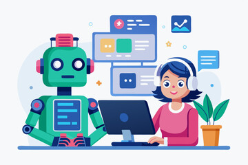 Vector illustration of a human developer working on a laptop with the assistance of a friendly AI robot. 