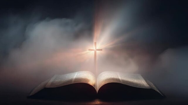Open Book with Glowing Cross and Radiant Light in Misty Atmosphere Across Three Frames