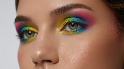Naklejka premium Vivid rainbow eyeshadow on young caucasian female close-up