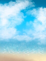 青空と海と白い雲の夏イメージの手描き背景イラスト　縦