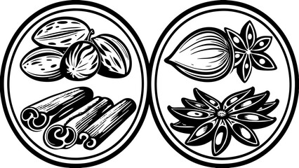 Illustration of spices including cinnamon sticks nutmeg and star anise in black and white circles