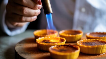 Chef using torch on delicious creme brulee tartlets in kitchen