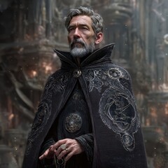 Portrait of an elderly mage in a long black robe with a high collar generated in AI	
