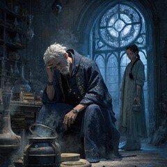 An elderly mage's apprentice stands behind her elderly teacher at night in a castle generated by AI	
