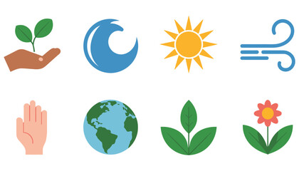 Obraz premium Earth's eco-friendly global planet and nature environment symbols, a set of green leaf ecology icons, vector illustration