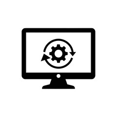 A black and white illustration of a computer monitor with a gear and arrows on the screen icon graphic