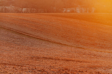 Orange winter sunrise over winter meadows, ideal serene background for websites